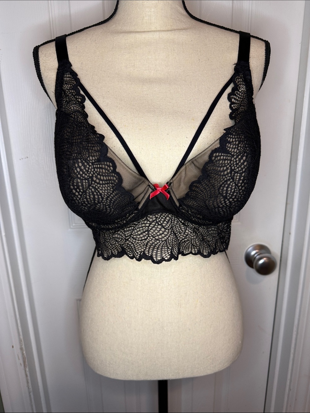 Cacique Black Lace Bralette with Red Bow Accent